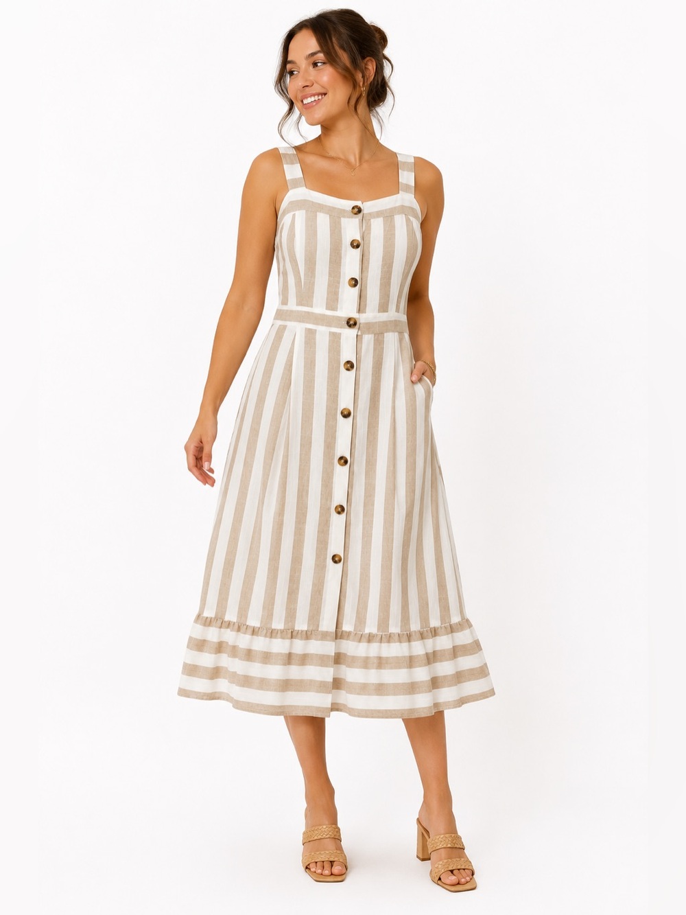 Jjum Wowan Striped 100% Cotton Summer Midi Dress Button Front Beige White M